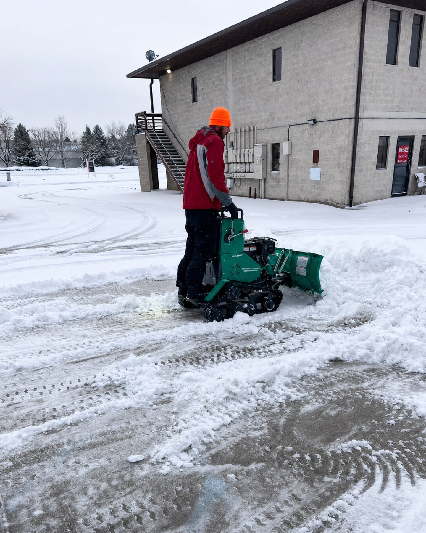 Erie Lawn Boys crew member clearing a commercial pedestrian area with tracked snow equipment